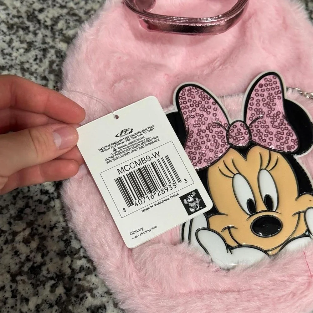 Disney Minnie Mouse Pink Fuzzy Faux Fur Sequin Bow Mini Backpack NWT
